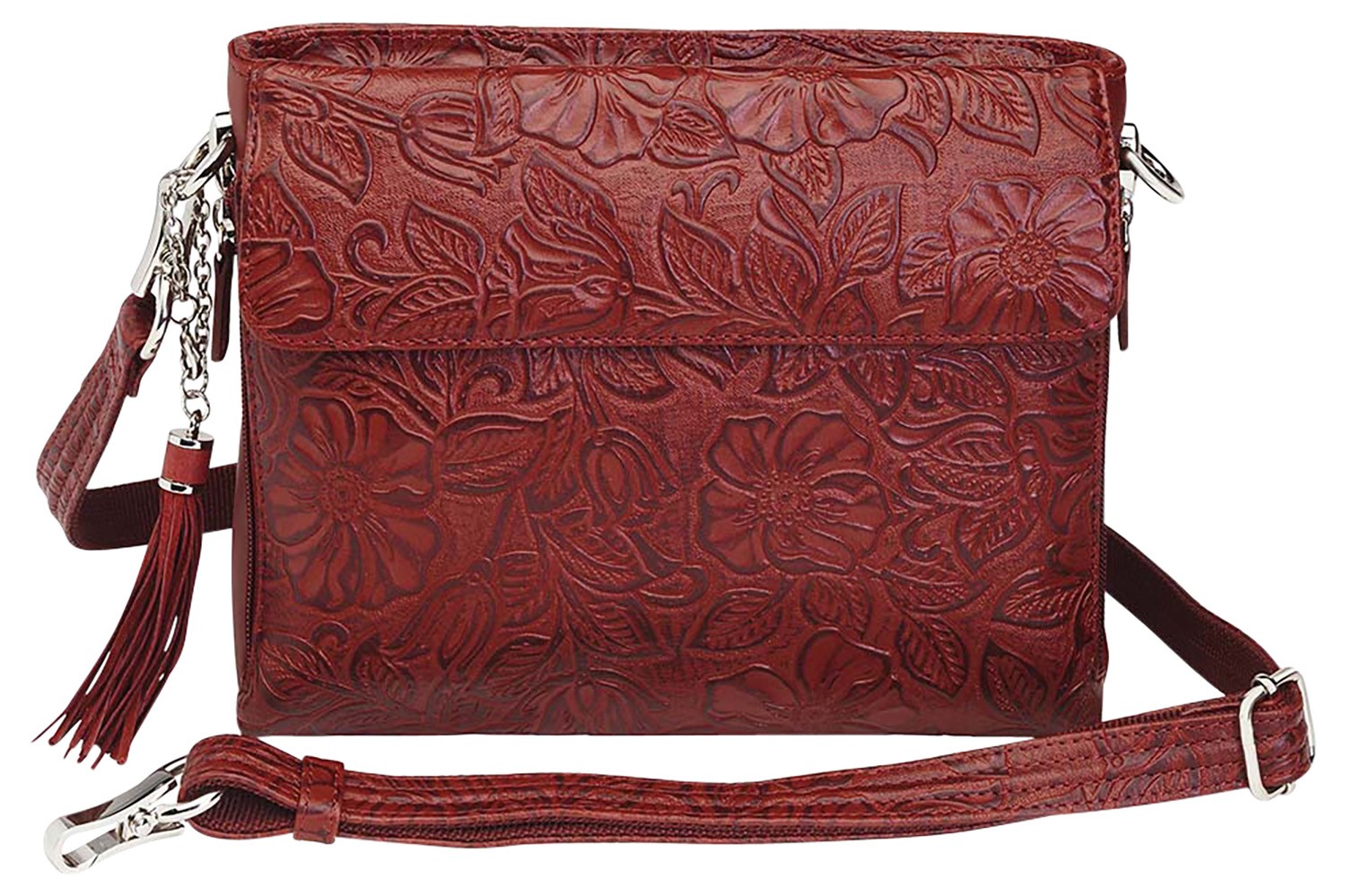 GTM CLUTCH PURSE, CHERRY LEATHER ETCHED W/SILVER ACCENTS,