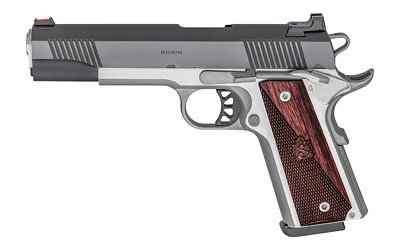 Springfield, Ronin, 1911, Single Action Only, Semi-automatic, Metal Frame Pistol, Full Size, 10MM, 5" Match Grade Barrel, Steel, Blued Slide, Wood Grips, Stainless Frame, Fiber Optic Front Sight, Tactical Rack White Dot Rear Sight, Manual Thumb Safety, 8