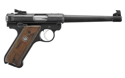 Ruger, Mark IV Standard, 75th Anniversary, Single Action, Semi-automatic, Metal Frame Pistol, Full Size, 22LR, 6.88" Barrel, Alloy, Blued Finish, Wood Laminate Checkered Grips, Adjustable Rear Sight, Fixed Undercut Patridge Front Sight, 10 Rounds, 2 Magaz