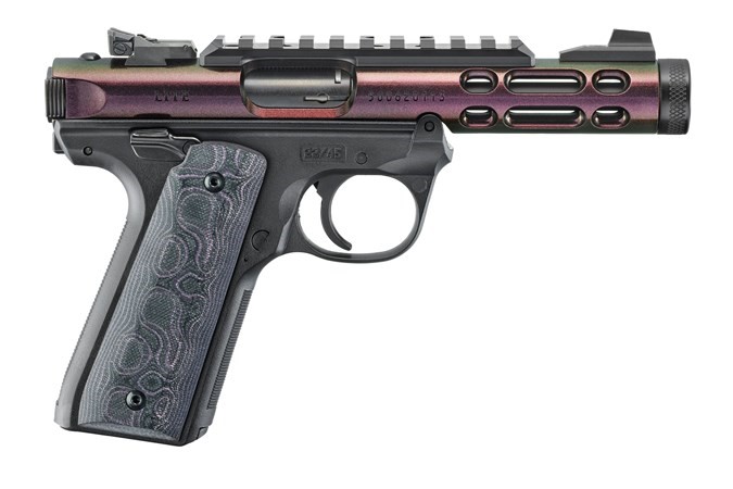 RUGER MKIV 22/45, 22LR, 4.4" TB, GUN CANDY PURPLE W/GREEN SHROUD, PICRAIL, 10RDS