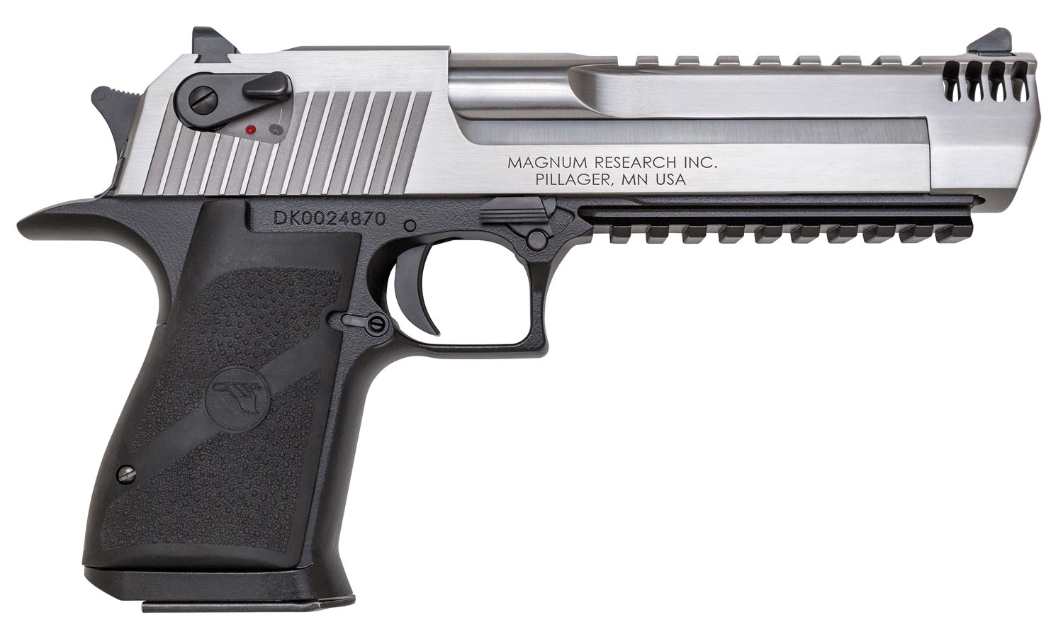 Magnum Research DE357ASIMB Desert Eagle Mark XIX L6 357 Mag 9+1, 6" Stainless Steel w/Integral Muzzle Brake & Picatinny Rail Barrel, Stainless Serrated Stainless Steel Slide, Black Anodized Aluminum Frame w/Beavertail, Black Polymer Grip, Manual Thumb Saf