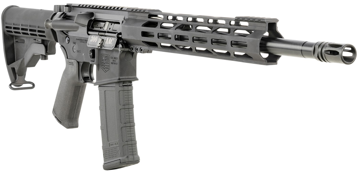 Diamondback DB15 300 Blackout 30+1 16" Nitride Treated Heavy Barrel w/A2 Flash Hider, Black Hard Coat Anodized A3 Flattop Upper/DB-15 Carbon Lower, 12" M-Lok, 6 Position ATI Mil-Spec Buttstock, Magpul MOE Grip