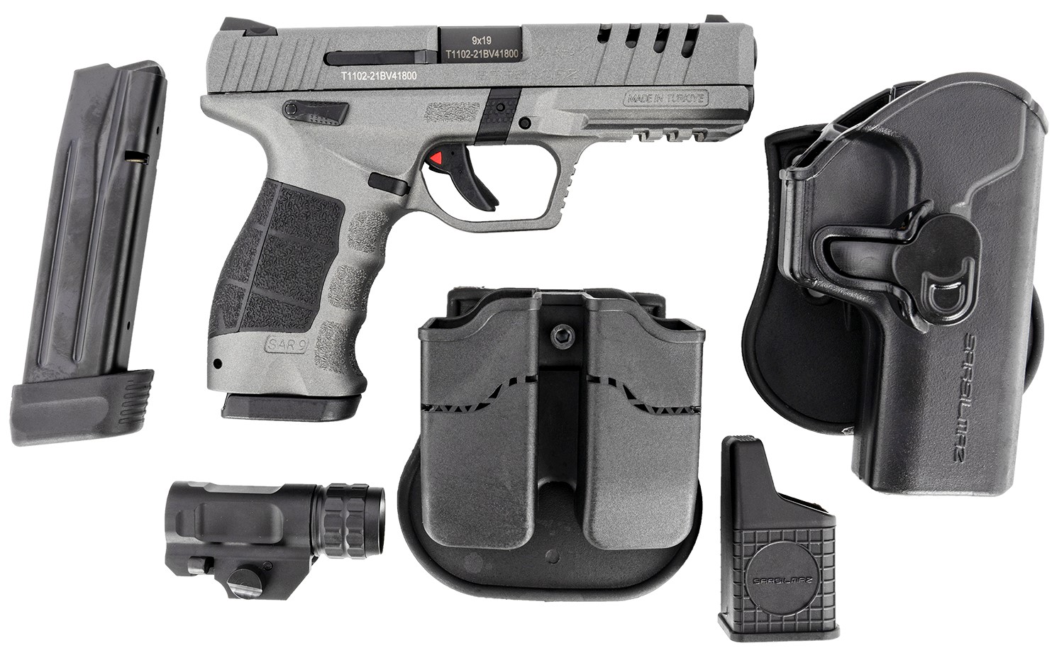 SAR SAR9X, 9MM 4.4", PLATINUM W/HOLSTER, MAG PCH, LIGHT, 17RD/19RD